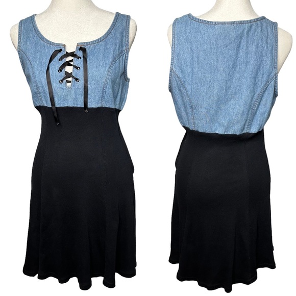 Vintage Jalate 90s Denim Ribbed Cotton Lace Up Dress - Picture 1 of 10